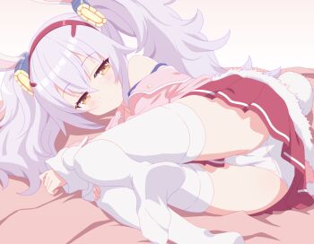 1girl alt_text animal_ears arbiter1 azur_lane bare_shoulders bed_sheet camisole closed_mouth curled_up dot_mouth fake_animal_ears full_body fur-trimmed_jacket fur_trim hair_between_eyes hairband half-closed_eyes jacket laffey_(azur_lane) loli long_hair long_sleeves looking_at_viewer lying off_shoulder on_bed on_side open_clothes open_jacket panties pantyshot pink_jacket pleated_skirt rabbit_ears rabbit_tail red_hairband red_skirt skirt sleepy tail thighhighs twintails underwear white_hair white_panties white_thighhighs yellow_eyes zettai_ryouiki