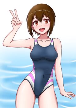Rule 34 | 1girl, black one-piece swimsuit, breasts, brown eyes, brown hair, collarbone, commentary request, competition swimsuit, covered navel, digimon, digimon adventure tri., female focus, highres, medium breasts, multicolored one-piece swimsuit, one-piece swimsuit, short hair, solo, standing, swimsuit, v, withlike, yagami hikari