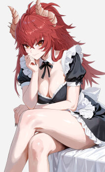 1girl absurdres apron black_dress black_nails breasts cleavage collar crossed_legs detached_collar dragon_girl dragon_horns dress head_rest highres horns indie_virtual_youtuber large_breasts long_hair looking_at_viewer maid maid_apron meibin nail_polish ponytail red_hair solo virtual_youtuber white_apron white_collar yellow_eyes zentreya zentreya_(dragon)