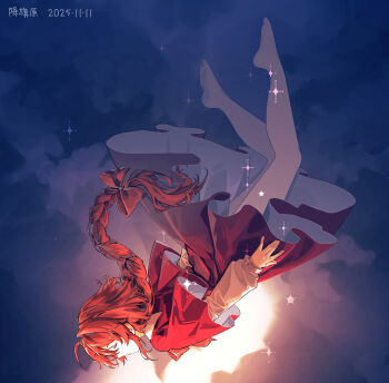 Rule 34 | 1girl, barefoot, bow, capelet, chinese commentary, closed eyes, closed mouth, commentary request, dress, falling, full body, furahata gen, hair bow, highres, long braid, long hair, long sleeves, okazaki yumemi, red bow, red capelet, red dress, red hair, solo, toes, touhou, touhou (pc-98), very long hair