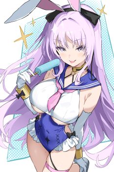 Rule 34 | 1girl, ama (pixiv24262513), animal ears, blue one-piece swimsuit, breasts, commentary, fake animal ears, food, from above, gloves, highres, holding, holding food, holding popsicle, large breasts, long hair, looking at viewer, looking up, mole, mole on thigh, neckerchief, one-piece swimsuit, pink neckerchief, playboy bunny swimsuit, popsicle, purple eyes, purple hair, rabbit ears, sailor collar, sailor one-piece swimsuit, shia (stella sora), sideless swimsuit, solo, sparkle, standing, stella sora, swimsuit, thigh strap, tongue, tongue out, underboob, white gloves