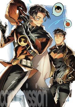 artist_name bat_signal batman_(series) batman_symbol belt black_bodysuit black_cape black_hair black_pants blue_eyes bodysuit brothers brown_jacket cape commission cowl dc_comics gloves grey_bodysuit highres insignia jacket jason_todd male_focus multicolored_bodysuit multiple_boys muscular muscular_male pants red_bodysuit red_hood_(dc) red_hood_and_the_outlaws red_mask red_robin short_hair siblings smile spandex superhero_costume taut_bodysuit tim_drake tokitokororo two-tone_bodysuit utility_belt watermark