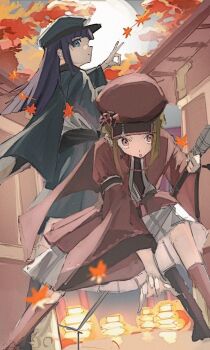 2girls autumn black_necktie blue_eyes blue_hat blue_jacket brown_hair brown_hat brown_jacket commentary dollchestra garand_flash_(love_live!) hat highres holding holding_microphone_stand jacket kachimachi_kosuzu link!_like!_love_live! long_hair love_live! medium_skirt microphone_stand multiple_girls murano_sayaka necktie official_alternate_costume ok_sign open_clothes open_jacket open_mouth outdoors pink_eyes pleated_skirt profile purple_hair shirt sidelocks skirt virtual_youtuber white_shirt white_skirt zen66574227