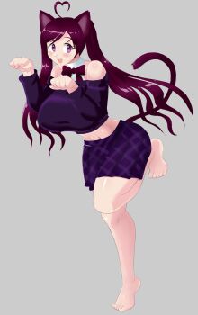1girl absurdres ahoge animal_ears bare_shoulders barefoot bow bowtie breasts cat_ears cat_tail feet foot_up full_body grey_background heart heart_ahoge heart-shaped_hair highres indie_virtual_youtuber large_breasts midriff navel paw_pose plaid_clothes plaid_skirt purple_eyes purple_hair purple_skirt purple_top renee_cardiff saralene skirt smile solo star_(symbol) star_eyes star_in_eye symbol_in_eye tail twintails virtual_youtuber