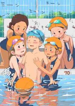 1boy 5girls blue_male_swimwear blue_one-piece_swimsuit blue_school_swimsuit blue_swim_trunks blush brown_hair fence girl_sandwich goggles goggles_on_head goggles_on_headwear highres holding holding_male_swimwear holding_swimsuit holding_unworn_clothes implied_fellatio industrial_pipe kodomo_doushi li_(lithium0522) loli male_school_swimsuit male_swimwear multiple_girls old_school_swimsuit one-piece_swimsuit open_mouth original partially_submerged pool sandwiched school_swimsuit short_hair shota smile swim_cap swim_trunks swimsuit underwater unworn_swimsuit