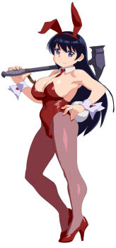 1girl alternate_costume animal_ears arato_nagi black_eyes black_hair breasts commentary_request fake_animal_ears full_body hammer hand_on_own_hip high_heels large_breasts leotard long_hair looking_at_viewer nadeara_bukichi necktie pantyhose playboy_bunny rabbit_ears red_leotard red_necktie ruri_no_houseki smile standing wrist_cuffs