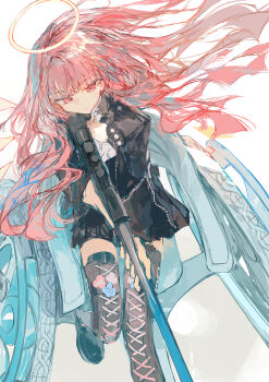 1girl absurdres arknights black_dress black_jacket boots commentary detached_collar dress floating_hair flower gun halo highres holding holding_gun holding_weapon ichika_(ichika87) jacket lace-up_boots lemuen_(arknights) long_hair pink_eyes pink_hair rifle scope shirt sitting sniper_rifle solo thigh_boots traditional_halo weapon wheelchair white_background white_shirt