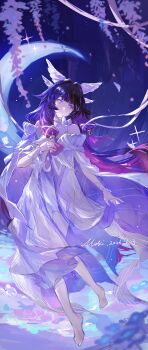 1girl absurdres angel_wings_hair_ornament barefoot black_hair bug chinese_commentary closed_mouth columbina_(genshin_impact) commentary_request dated dress eye_mask flower full_body genshin_impact hair_ornament head_wings highres long_hair looking_at_viewer mask multicolored_hair pink_hair purple_eyes purple_hair ribbon solo two-tone_hair white_dress wing_hair_ornament wings yibanluguojuanjuanzi