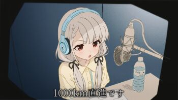 1girl :o asymmetrical_bangs bottle braid braided_bangs commentary_request grey_hair headphones hisakawa_nagi hoard_storage idolmaster idolmaster_cinderella_girls indoors long_hair looking_ahead microphone pop_filter radio shirt solo studio_microphone subtitled translation_request twintails water_bottle yellow_shirt