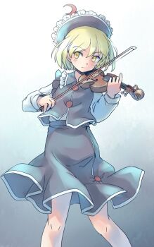1girl black_hat black_skirt black_vest blonde_hair blush bow_(music) buttons commentary_request crescent crescent_hat_ornament feet_out_of_frame frilled_hat frilled_vest_collar frills gradient_background grey_background hat hat_ornament holding holding_bow_(music) holding_instrument holding_violin instrument knees light_frown long_sleeves lunasa_prismriver music one-hour_drawing_challenge playing_instrument rangycrow shirt short_hair sideways_glance skirt solo touhou vest violin white_shirt yellow_eyes