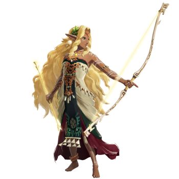 1girl absurdres anklet arm_at_side armlet arrow_(projectile) artist_request bare_shoulders barefoot blonde_hair bodypaint bow_(weapon) closed_mouth dark-skinned_female dark_skin dress earrings elf female_focus flat_chest full_body green_eyes hair_intakes highres holding holding_arrow holding_bow_(weapon) holding_weapon hyrule_warriors:_age_of_imprisonment index_finger_raised jewelry laurel_crown long_dress long_hair looking_to_the_side magatama magatama_necklace necklace official_art pointy_ears simple_background solo sonia_(zelda) strapless strapless_dress tabard the_legend_of_zelda the_legend_of_zelda:_tears_of_the_kingdom transparent_background very_long_hair weapon white_dress