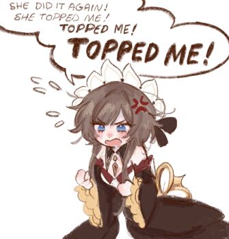 1girl annoyed artist_request blue_eyes english_text genshin_impact highres sandrone_(genshin_impact) solo white_background yuri