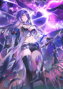 1girl absurdres acheron_(honkai:_star_rail) asymmetrical_footwear black_choker black_gloves black_hole black_shorts bone boots breasts chain choker cleavage coat coattails commentary detached_sleeves glass_shards gloves hair_over_one_eye highres holding holding_sword holding_weapon honkai:_star_rail honkai_(series) leg_tattoo long_hair miaosu midriff multicolored_hair navel purple_eyes purple_hair scabbard sheath sheathed short_shorts shorts single_bare_shoulder skeleton solo standing stomach streaked_hair sword tattoo thigh_boots weapon white_coat