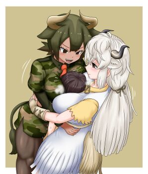 1boy 2girls adansosutega animal_ears between_breasts blush bow bowtie breast_pocket breast_press breast_smother breasts brown_background brown_bow brown_bowtie brown_eyes brown_hair brown_horns brown_pantyhose camouflage camouflage_shirt camouflage_skirt captain_(kemono_friends) collared_shirt commentary_request cow_ears cow_girl cow_horns cow_tail dark-skinned_female dark_skin dress empty_eyes extra_ears face_between_breasts face_to_breasts faceless faceless_male femdom fingerless_gloves flying_sweatdrops frilled_sleeves frills girl_sandwich gloves green_hair hair_over_one_eye head_between_breasts height_difference hetero highres horns large_breasts layered_sleeves long_dress long_hair long_sleeves medium_hair microskirt midriff multicolored_hair multicolored_horns multiple_girls necktie open_mouth orange_necktie pantyhose parted_bangs pocket sandwiched shirt short_hair short_over_long_sleeves short_sleeves sidelocks simple_background skirt smile smother spot_color stomach strangling streaked_hair struggling sweat sweatdrop symmetrical_docking t-shirt tail tan toned toned_female trembling twintails two-tone_hair v-shaped_eyebrows white_dress white_hair wing_collar yellow_shirt