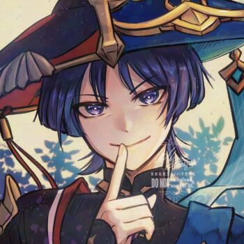 Rule 34 | 1boy, black bodysuit, black hat, black kimono, blue cape, blue hat, blunt ends, bodysuit, bright pupils, cape, choppy bangs, closed mouth, eyeliner, fingernails, genshin impact, gold, hand up, hat, index finger raised, japanese clothes, jewelry, jingasa, juban, kimono, looking at viewer, makeup, male focus, mandarin collar, milly (illst), neck ring, outdoors, portrait, purple eyes, purple hair, red eyeliner, red hat, red kimono, scaramouche (genshin impact), single sode, smile, solo, split theme, straight-on, tsurime, wanderer (genshin impact), watermark, white kimono, white pupils, yellow background