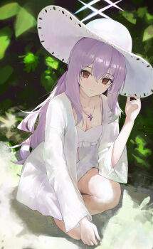 1girl absurdres atsuko_(blue_archive) atsuko_(swimsuit)_(blue_archive) bikini blue_archive breasts cleavage closed_mouth commentary hair_between_eyes halo hat highres jewelry jianjia looking_at_viewer medium_breasts necklace official_alternate_costume official_alternate_hairstyle on_one_knee open_clothes open_shirt ponytail purple_hair red_eyes shirt smile solo sun_hat swimsuit white_bikini white_hat white_shirt