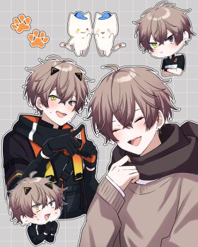 1boy alban_knox alban_knox_(1st_costume) alternate_costume black_gloves black_jacket blush brown_hair brown_scarf brown_shirt chibi chibi_inset closed_eyes commentary_request cropped_torso crossed_arms embarrassed frown gloves grey_background grey_eyes grid_background heterochromia highres index_fingers_together jacket looking_at_viewer male_focus multiple_views nana72710193 nijisanji nijisanji_en orange_gloves pawpads pout scarf shirt smile takaradachi_(alban_knox) two-sided_gloves virtual_youtuber yellow_eyes