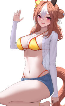 1girl absurdres animal_ears bikini bikini_bottom_under_shorts bikini_under_clothes blush breasts brown_hair brown_tail cardigan cleavage collarbone commentary_request copano_rickey_(umamusume) denim denim_shorts double_bun ear_covers fang grey_shorts hair_between_eyes hair_bun hand_up highres horse_ears horse_girl horse_tail jewelry large_breasts long_hair looking_at_viewer multicolored_hair navel necklace open_cardigan open_clothes open_mouth pink_eyes see-through_clothes see-through_silhouette shorts simple_background smile solo stomach streaked_hair swimsuit tail take978733141 thick_thighs thighs umamusume white_background white_cardigan white_streaks yellow_bikini