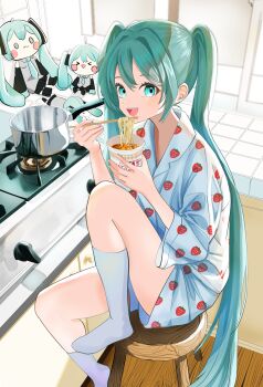1girl absurdres aqua_eyes aqua_hair character_doll chopsticks commentary_request doll food_print fruit_print hair_between_eyes hatsune_miku highres holding holding_chopsticks instant_cup_noodles instant_noodles long_hair long_sleeves looking_at_viewer open_mouth ria_mame shirt shorts sitting smile socks strawberry_print twintails very_long_hair vocaloid white_shirt white_shorts white_socks wide_sleeves