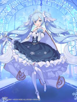 Rule 34 | 1girl, blue eyes, blue hair, breasts, collarbone, commentary request, detached collar, dress, eighth note, fortissimo, frilled dress, frills, full body, hair ornament, hatsune miku, highres, holding, holding wand, long hair, long sleeves, medium breasts, musical note, musical note hair ornament, official alternate costume, official alternate hairstyle, open mouth, princess, puffy long sleeves, puffy sleeves, smile, snowflake hair ornament, strapless, strapless dress, tam-u, thighhighs, twintails, very long hair, vocaloid, wand, white thighhighs, white tiara, yuki miku, yuki miku (2019)