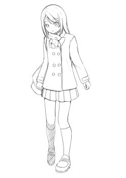 1girl :o absurdres bag buttons coat dot_nose full_body highres kneehighs lineart loafers long_sleeves looking_at_viewer monochrome negimiso1989 original parted_lips pleated_skirt scarf school_bag shoes short_hair sidelocks simple_background skirt socks solo walking white_background