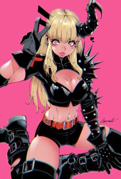 Rule 34 | 1girl, armor, belt, black gloves, black horns, black shorts, blonde hair, chromatic aberration, cleavage cutout, clothing cutout, crop top, demon horns, elbow spikes, gloves, godtail, hashtag-only commentary, highres, horns, magik (x-men), marvel, multiple belts, new mutants, parted lips, pauldrons, pink eyes, short shorts, shorts, shoulder armor, shoulder spikes, single horn, single pauldron, solo, spiked pauldrons, spikes, superhero costume, thighhighs, v, x-men