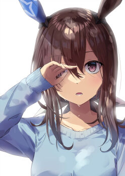 1girl admire_vega_(casual)_(umamusume) admire_vega_(umamusume) animal_ears blue_sweater blush breasts brown_hair casual collarbone commentary_request crying ear_covers hair_between_eyes hand_over_eye highres horse_ears horse_girl long_hair long_sleeves looking_at_viewer murasaki_himuro open_mouth purple_eyes simple_background single_ear_cover solo sweater tears umamusume upper_body white_background