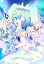 1girl amaura aurora aurorus black_choker blue_eyes blue_hair cane choker commentary crystal diamond_(shape) diancie dinosaur dress gen_6_pokemon gloves hatsune_miku highres holding holding_cane holding_pokemon jl_seiko legendary_pokemon long_dress looking_at_viewer looking_back mega_diancie mega_pokemon mythical_pokemon nintendo one_eye_closed open_mouth pokemon pokemon_(creature) project_voltage red_eyes rock_miku_(project_voltage) see-through_clothes see-through_sleeves smile teeth tiara twintails upper_teeth_only vocaloid white_gloves