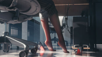 1girl absurdres black_pantyhose chair commentary_request computer computer_tower feet foot_focus formal_clothes high_heels highres indoors legs lower_body mr_ito no_shoes office office_chair office_lady original pantyhose pencil_skirt pinstripe_pattern reflective_floor shoes skirt skirt_suit soles solo suit swivel_chair tile_floor tiles tiptoes unworn_shoes