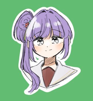 1girl blush closed_mouth cropped_head green_background hair_bun hair_intakes hasu_no_sora_school_uniform highres link!_like!_love_live! long_hair looking_at_viewer love_live! otomune_kozue outline puripuri_hurai purple_hair sailor_collar school_uniform side_ponytail sidelocks simple_background single_side_bun smile solo split_mouth virtual_youtuber white_outline white_sailor_collar winter_uniform