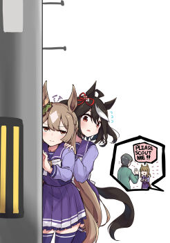 1boy 3girls animal_ears black_hair bow bowtie brown_eyes brown_hair ear_ornament english_text flying_sweatdrops grey_hair hiding highres horse_ears horse_girl horse_tail horseshoe_ornament kitasan_black_(umamusume) multiple_girls peeking pleated_skirt purple_sailor_collar purple_serafuku purple_shirt purple_skirt purple_thighhighs red_eyes sailor_collar satono_diamond_(umamusume) school_uniform serafuku shirt skirt soramuko sweat tail thighhighs tracen_school_uniform trainer_(umamusume) umamusume utility_pole white_bow white_bowtie
