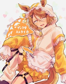 agoumauma2 alternate_costume animal_ears apron blush brown_hair dictus_striker_(umamusume) ears_through_headwear ears_through_hood frilled_apron frills hair_between_eyes highres hood hood_up hooded_jacket horse_ears horse_girl horse_tail jacket jersey_maid knee_up leg_warmers long_sleeves maid maid_apron multicolored_hair open_mouth sharp_teeth short_hair shorts socks streaked_hair tail teeth thigh_strap track_jacket umamusume umamusume:_cinderella_gray unconventional_maid waist_apron white_apron white_hair white_socks yellow_eyes yellow_jacket yellow_shorts