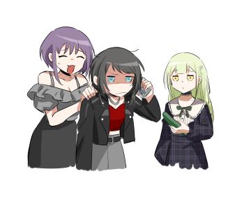 3girls :3 absurdres bang_dream! bang_dream!_it&#039;s_mygo!!!!! black_choker black_hair black_jacket blue_dress blue_eyes cellphone choker closed_eyes closed_mouth commentary cucumber dated_commentary dress frilled_choker frilled_shirt frills green_hair grey_shirt hair_ornament hairclip highres holding holding_phone jacket jewelry long_hair multiple_girls necklace nervous_sweating off-shoulder_shirt off_shoulder open_mouth phone plaid_clothes plaid_dress purple_hair red_shirt shirt short_hair short_sleeves smartphone sweat unmoving_pattern wakaba_mutsumi yahata_umiri yellow_eyes yuutenji_nyamu yzj21333