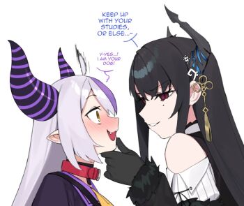 2girls animal_collar asymmetrical_horns black_gloves black_hair black_horns black_jacket blush clothing_cutout coat collar collared_shirt dasdokter demon_horns dress_shirt english_text fang feather-trimmed_jacket flower_knot gloves grey_hair grin hair_between_eyes hair_ornament hand_on_another&#039;s_chin hololive hololive_english horns jacket la+_darknesss la+_darknesss_(1st_costume) long_hair long_sleeves looking_at_another mole mole_under_eye multicolored_hair multiple_girls neckerchief nerissa_ravencroft nerissa_ravencroft_(1st_costume) nose_blush open_mouth pointy_ears purple_coat purple_hair red_collar red_eyes ribbed_shirt shirt shoulder_cutout sidelocks simple_background slit_pupils smile speech_bubble straight_hair streaked_hair striped_horns tassel tassel_hair_ornament uneven_horns virtual_youtuber white_background white_shirt yellow_eyes yellow_neckerchief yuri