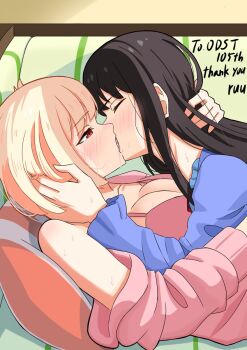 2girls black_hair blonde_hair blush bra breasts cardigan cleavage commentary commission couch cushion english_commentary french_kiss hand_in_another's_hair highres inoue_takina kiss large_breasts long_hair lycoris_recoil multiple_girls nishikigi_chisato on_couch pink_bra pink_cardigan qdhtn0flcv994 red_eyes second-party_source short_hair sweat tongue underwear yuri