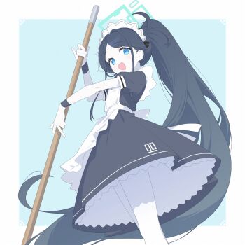 1girl :d absurdly_long_hair antenna_hair apron aqua_background aqua_halo aris_(blue_archive) aris_(maid)_(blue_archive) black_dress black_hair black_wrist_cuffs blue_archive blue_eyes blush border borrowed_clothes bright_pupils commentary dress dutch_angle english_commentary feet_out_of_frame frilled_apron frills from_below halo highres holding holding_mop long_hair looking_at_viewer maid maid_apron maid_headdress mop number_print official_alternate_costume official_alternate_hairstyle open_mouth outside_border pantyhose parted_bangs petticoat ponytail puffy_short_sleeves puffy_sleeves rectangular_halo ringed_eyes short_sleeves sidelocks simple_background smile solo torimew very_long_hair white_apron white_border white_headdress white_pantyhose white_pupils wrist_cuffs