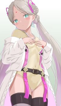 1girl belt bindi black_belt black_thighhighs breasts clothing_cutout coat earrings green_eyes heaven_burns_red highres indian jewelry long_hair mochimugi_rice navel_cutout small_breasts solo thighhighs triangle_earrings vritika_balakrishnan white_coat