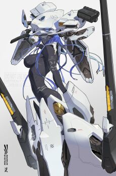 1girl audio_jack black_skin blue_hair body_markings breasts colored_skin commentary dark-skinned_female dark_skin dazzur_(dazzur_system) english_commentary from_side full_body gradient_background grey_background headgear highres long_hair looking_at_viewer mecha_musume mechanical_arms mechanical_legs medium_breasts one_eye_covered original parted_lips purple_eyes simple_background smile solo watermark