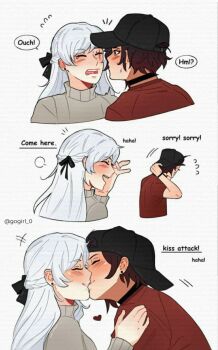 2girls baseball_cap black_choker black_hair black_hat braid choker commentary earrings english_commentary english_text flying_sweatdrops gogirl_0 grey_sweater half_up_braid hat heart highres jewelry kiss long_hair multiple_girls open_mouth parted_lips red_shirt ruby_rose rwby scar scar_across_eye scar_on_face shirt simple_background smile speech_bubble stud_earrings sweater tears weiss_schnee white_background white_hair yuri