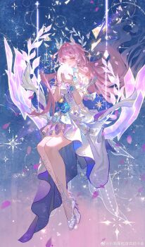 1girl absurdres armlet bare_legs bare_shoulders breasts closed_mouth cyrene_(honkai:_star_rail) cyrene_(ripples_of_past_reverie)_(honkai:_star_rail) dress earrings full_body hair_intakes hair_ornament high_heels highres holding_orb honkai:_star_rail honkai_(series) jewelry large_breasts legs long_hair nail_polish on_swing pink_eyes pink_hair pink_nails pointy_ears ruanxiao shoes sidelocks solo swing very_long_hair watermark weibo_watermark white_dress white_shoes