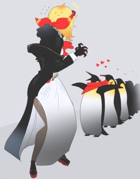 1girl ^^^ absurdres belt bird black_coat black_gloves black_jacket black_shoes blonde_hair bow brown_pantyhose coat commentary cowlick dress english_commentary full_body fur-trimmed_hood fur_trim gloves goggles goggles_on_head grey_background hair_bow heart highres hololive hololive_indonesia hood hooded_jacket jacket kaela_kovalskia medium_hair mittens nervous_sweating off_shoulder open_clothes open_coat pantyhose penguin queue red-tinted_eyewear red_bow red_mittens red_scarf scarf shoes side_slit simple_background solo standing surprised sweat tinted_eyewear virtual_youtuber weepfish white_dress