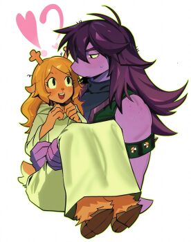 Rule 34 | !?, 0ni91ri, 2girls, armlet, blonde hair, brown fur, carrying, carrying person, colored skin, commentary, deer girl, deltarune, hashtag-only commentary, heart, highres, hooves, jewelry, long hair, multiple girls, noelle holiday, noelle holiday (dark world), princess carry, purple hair, purple skin, reptile girl, robe, spiked armlet, susie (dark world) (deltarune), susie (deltarune), utdr (toby fox), white robe, yuri