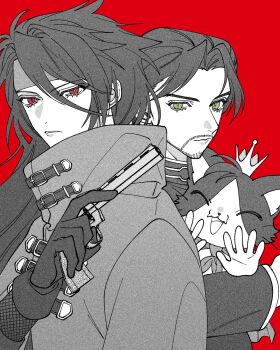 Rule 34 | 1other, 2boys, beard, cait sith (final fantasy), cape, cat, cloak, closed eyes, closed mouth, commentary request, crown, dual persona, facial hair, fangs, final fantasy, final fantasy vii, gloves, green eyes, gun, hair between eyes, handgun, headband, highres, holding, holding gun, holding weapon, jacket, long hair, looking at viewer, male focus, mini crown, mob bouto 1, multiple boys, mustache, open mouth, parted bangs, red background, red eyes, reeve tuesti, short hair, smile, suit jacket, tuxedo cat, upper body, vincent valentine, weapon, white gloves