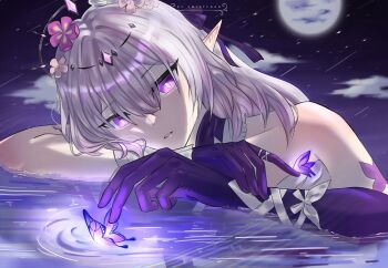 1girl arm_rest artist_name asymmetrical_gloves bare_shoulders black_tiara bright_pupils bug butterfly castorice_(honkai:_star_rail) commentary emilychanart english_commentary facing_viewer flower full_moon gloves hair_between_eyes hair_flower hair_ornament hair_ribbon head_rest highres honkai:_star_rail honkai_(series) insect long_hair looking_at_animal moon night parted_lips pointy_ears portrait purple_butterfly purple_eyes purple_gloves purple_hair ribbon solo tiara