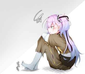 Rule 34 | 1girl, :t, blush, brown jacket, brown skirt, closed mouth, commentary request, from side, green eyes, jacket, kumoi sora, legs up, long hair, long skirt, long sleeves, motion lines, no shoes, one side up, origami family's elite guard uniform, pantyhose, pink hair, pout, shirt, sitting, skirt, solo, sound effects, squiggle, toji no miko, tsubakuro yume, v-shaped eyebrows, white pantyhose, white shirt