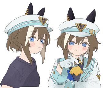 1girl adjusting_clothes adjusting_headwear animal_ears black_shirt blush brown_hair cheval_grand_(grand_itineraire)_(umamusume) cheval_grand_(umamusume) closed_mouth gloves hair_between_eyes hair_ornament hat highres horse_ears horse_girl looking_at_viewer medium_hair ofo_j1 shirt single_glove smile umamusume