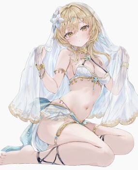 1girl alternate_costume bare_shoulders blonde_hair blue_gemstone blue_loincloth blush breasts cleavage closed_mouth commentary dancer fingernails flower gem genshin_impact hair_between_eyes hair_flower hair_ornament harem_outfit highres loincloth looking_at_viewer lumine_(genshin_impact) maruro medium_breasts navel seiza short_hair_with_long_locks simple_background sitting solo stomach symbol-only_commentary veil white_background white_flower white_veil yellow_eyes