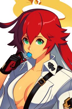 1girl absurdres ankh_print artist_name bodysuit breasts broken_halo candy cleavage collarbone colored_inner_hair food gloves green_eyes guilty_gear guilty_gear_strive hair_between_eyes halo highres holding holding_candy holding_food holding_lollipop jack-o&#039;_valentine lollipop lollipop_in_mouth long_sleeves medium_breasts multicolored_hair red_hair simple_background smgold solo white_background white_bodysuit white_hair