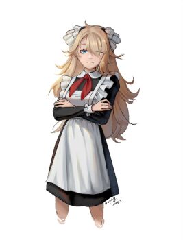 1girl ;| alternate_costume apron artist_name black_dress blonde_hair blue_eyes cowboy_shot cropped_legs crossed_arms dress eyes_visible_through_hair frilled_apron frills hair_ornament hair_over_one_eye highres lilya_(reverse:1999) long_hair long_sleeves looking_at_viewer medium_dress neckerchief poppy_(poppy60124) red_neckerchief reverse:1999 school_uniform solo soviet_school_uniform white_apron white_background
