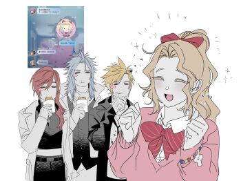 2boys 2girls bead_bracelet beads black_jacket black_pantyhose black_shirt black_shorts black_vest blonde_hair blush blush_stickers bow bowtie bracelet chewing closed_eyes cloud_strife coat collared_shirt cowboy_shot crop_top ddb_000 dialogue_box dissidia_duellum_final_fantasy dissidia_final_fantasy eating final_fantasy final_fantasy_i final_fantasy_vi final_fantasy_vii final_fantasy_xiii food food_in_mouth game_screenshot_inset grey_hair hair_between_eyes highres holding holding_food jacket jewelry lightning lightning_farron long_hair midriff multiple_boys multiple_girls official_alternate_costume open_mouth pantyhose parted_bangs pink_hair pink_sweater ponytail popped_collar print_shirt red_bow red_bowtie scarf shirt shirt_under_sweater short_hair shorts single_blush_sticker smile sparkle spiked_hair sweater tina_branford vest warrior_of_light_(ff1) wavy_hair white_background white_coat white_shirt wiping_mouth